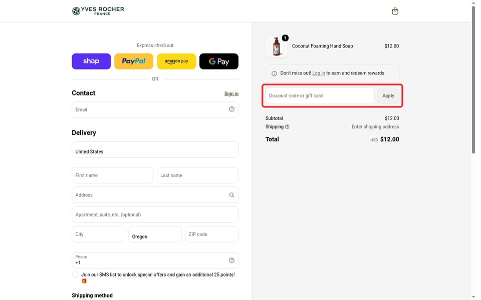 Yves Rocher checkout page showing the Discount code or gift card field and Apply button