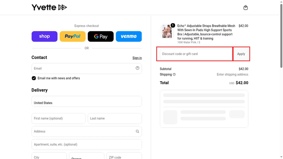 Yvette checkout page showing the Discount code or gift card field and Apply button
