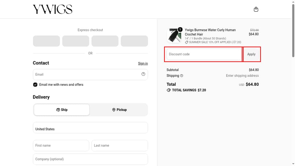 Ywigs checkout page showing the Discount code field and Apply button
