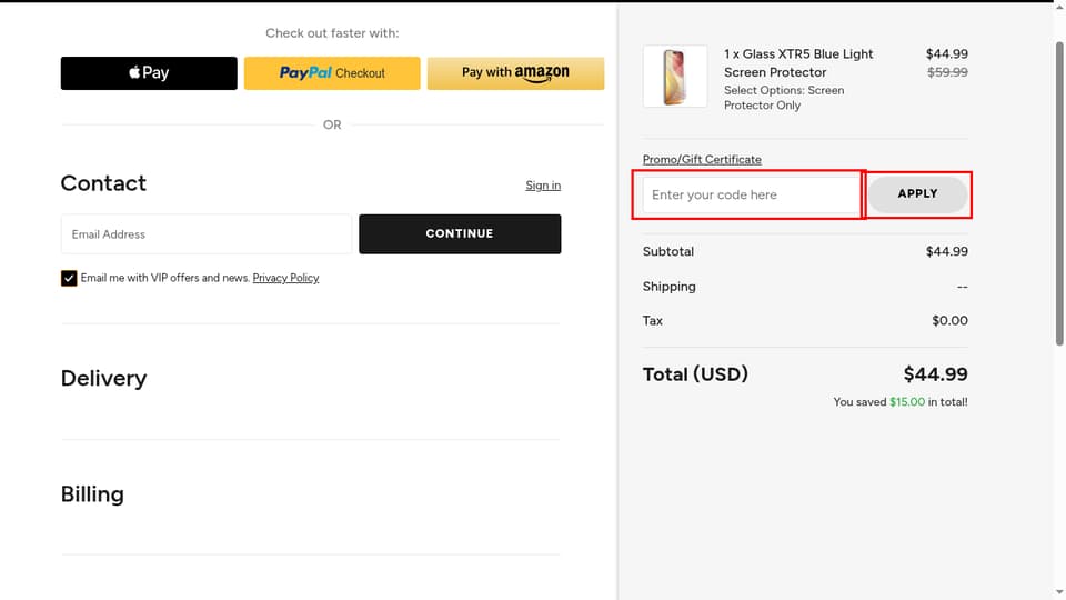 ZAGG checkout page showing the Enter your code here field and APPLY button