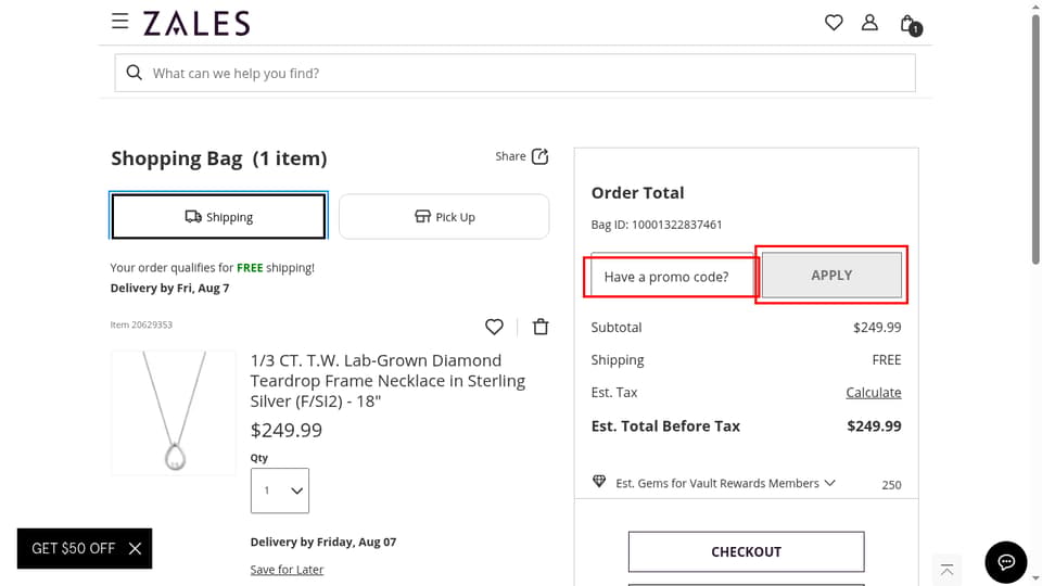 Zales checkout page showing the Have a promo code? field and APPLY button