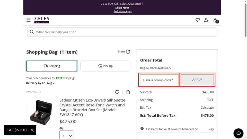 Zales Outlet checkout page showing the Have a promo code? field and APPLY button