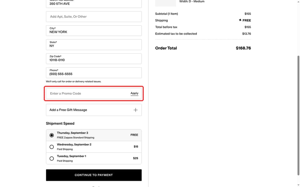 Zappos checkout page showing the Enter a Promo Code field and Apply button