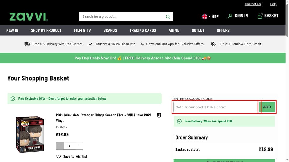 Zavvi checkout page showing the Got a discount code? Enter it here: field and Add button