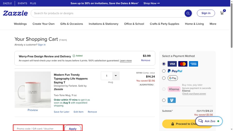 Zazzle checkout page showing the Promo code / Gift card / Voucher field and Apply button