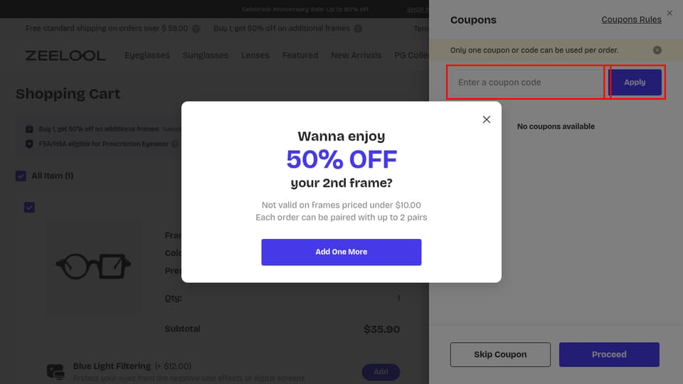 Zeelool Glasses checkout page showing the Enter a coupon code field and Apply button