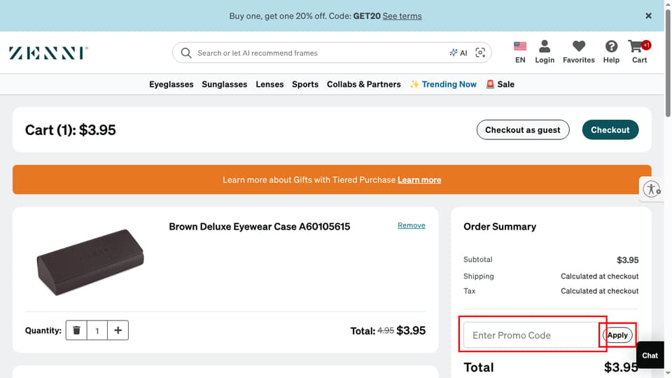 ZenniOptical checkout page showing the Enter Promo Code field and Apply button