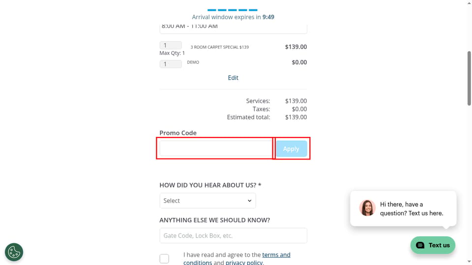 Zerorez checkout page showing the Promo Code field and Apply button