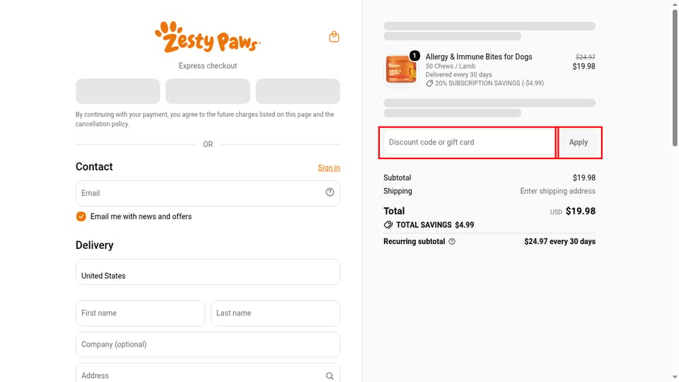 Zesty Paws checkout page showing the Discount code or gift card field and Apply button