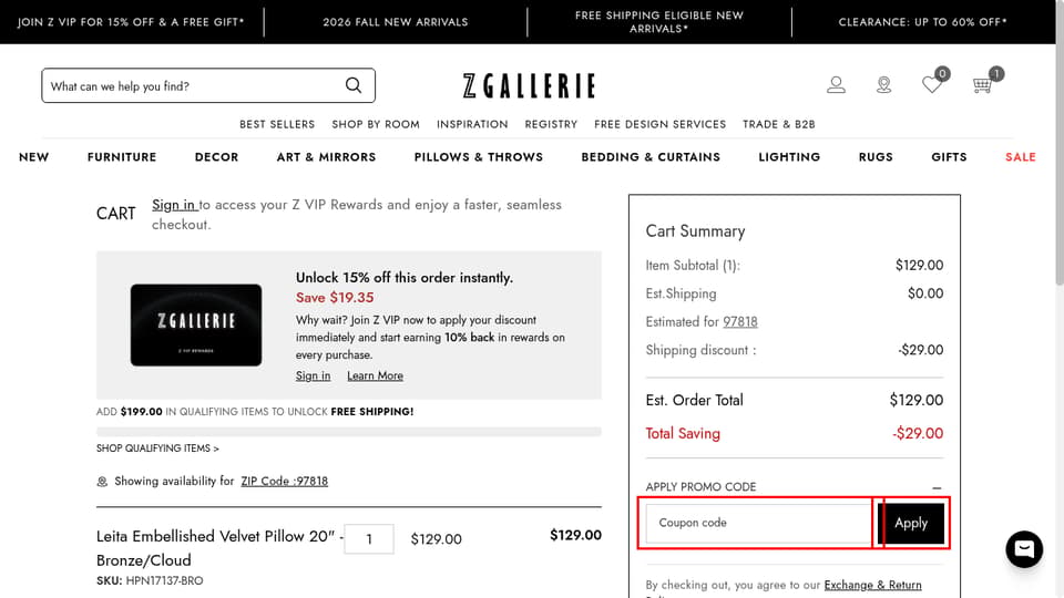 Z Gallerie checkout page showing the Coupon code field and Apply button