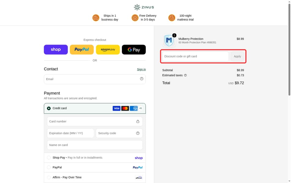 Zinus checkout page showing the Discount code or gift card field and Apply button