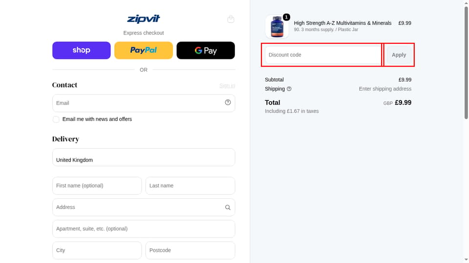 Zipvit checkout page showing the Discount code field and Apply button