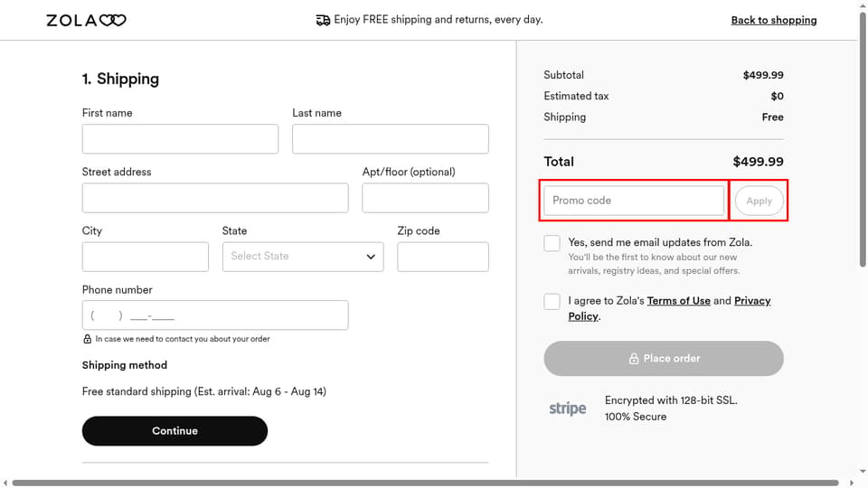 Zola checkout page showing the Promo code field and Apply button