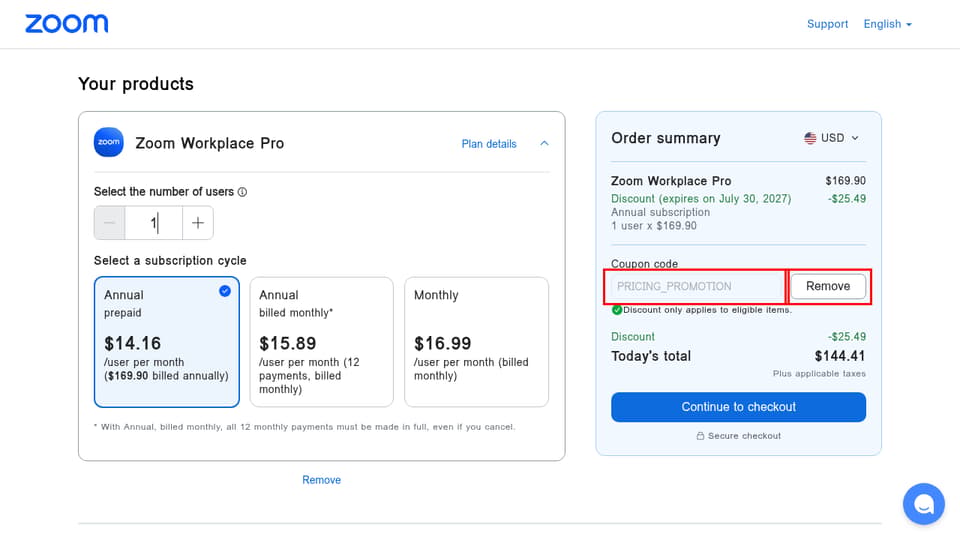 Zoom checkout page showing the Coupon code field and Remove button