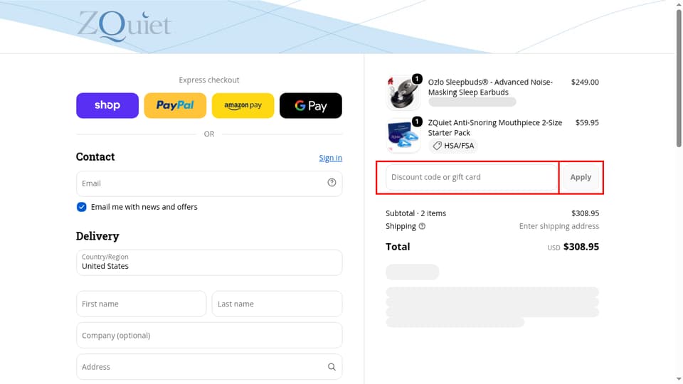 ZQuiet checkout page showing the Discount code or gift card field and Apply button