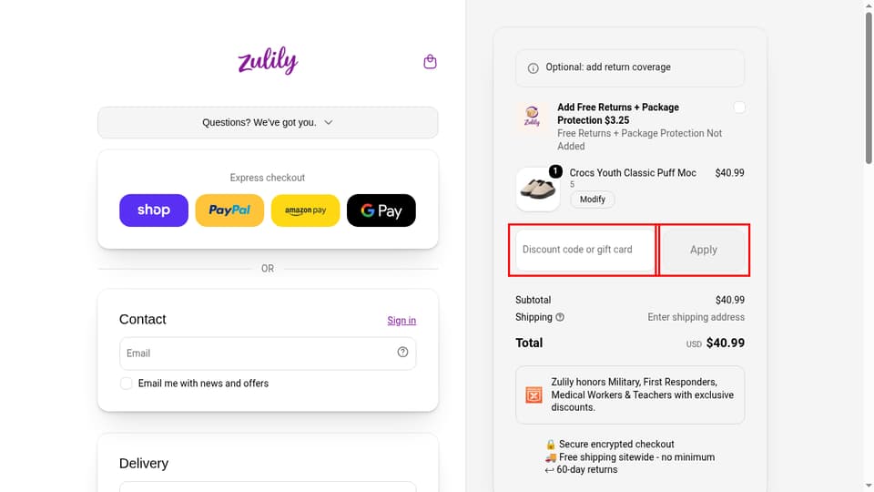 Zulily checkout page showing the Discount code or gift card field and Apply button