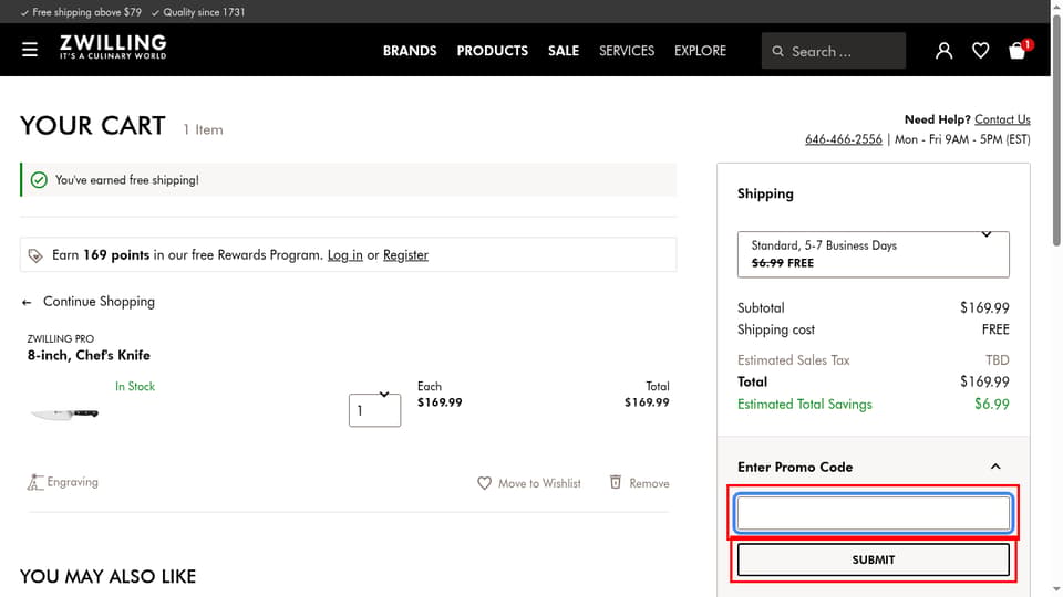 ZWILLING checkout page showing the couponCode field and Submit button