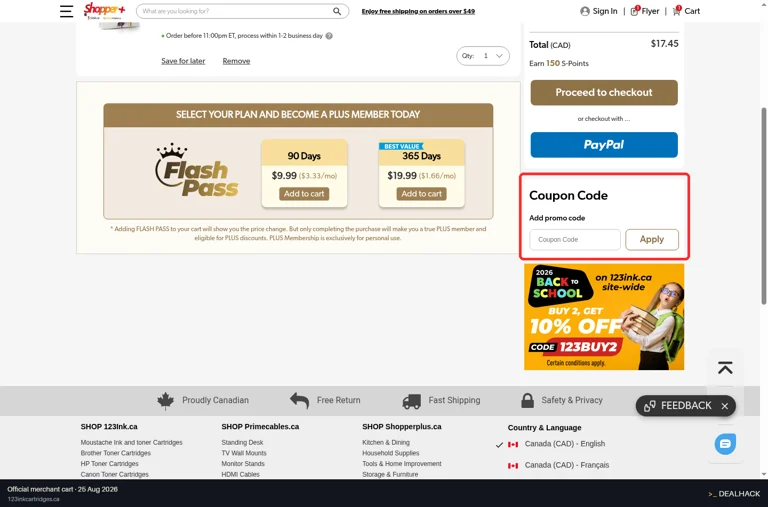 123Ink checkout page showing the Coupon Code field and Apply button