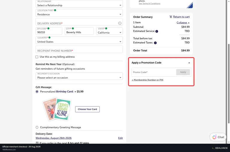 1-800-Flowers checkout page showing the Promo Code* field and Apply button