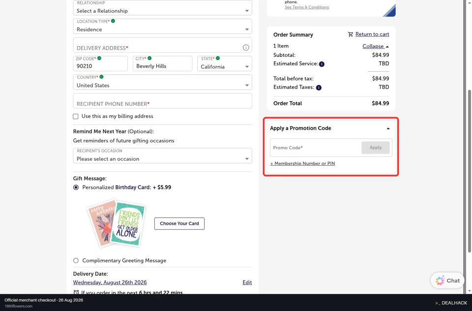 1-800-Flowers checkout page showing the Promo Code* field and Apply button