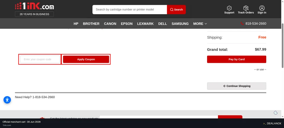 1ink checkout page showing the Enter your coupon code field and Apply Coupon button
