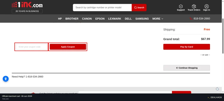 1ink checkout page showing the Enter your coupon code field and Apply Coupon button