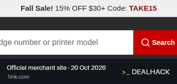 Screenshot of 1ink's website on Oct 20, 2026 showing the "Save 15% on Printer Ink and Toner Orders" offer