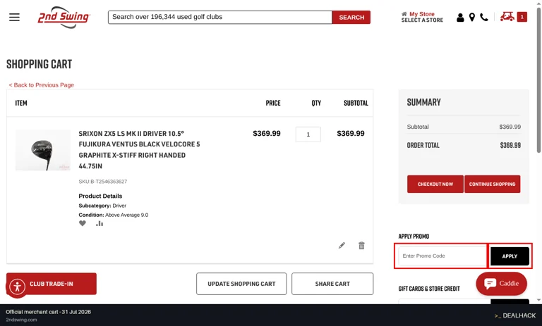 2nd Swing Golf checkout page showing the Enter Promo Code field and Apply button
