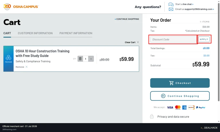 360 Training checkout page showing the Discount Code field and APPLY button