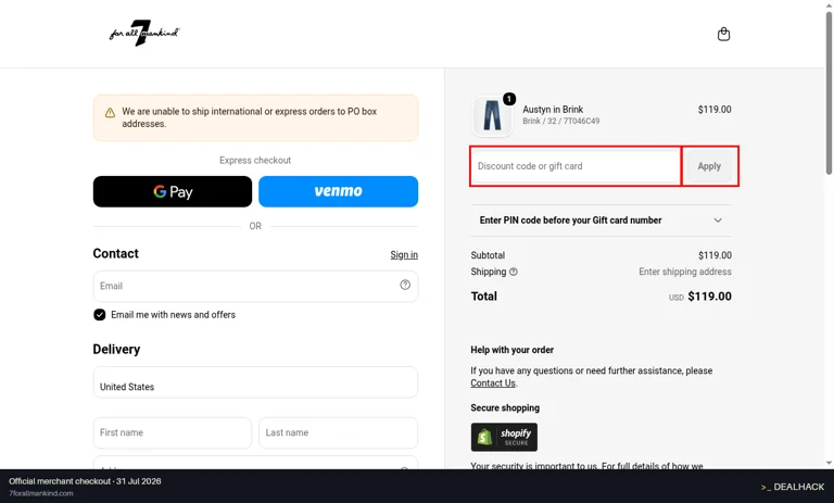 7 For All Mankind checkout page showing the Discount code or gift card field and Apply button