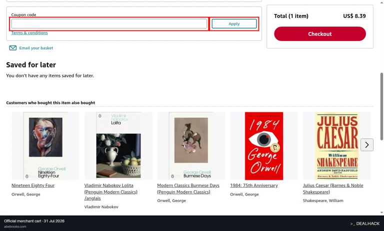 AbeBooks checkout page showing the Coupon code field and Apply button