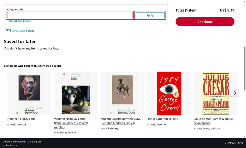 AbeBooks checkout page showing the Coupon code field and Apply button