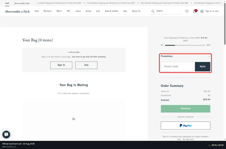 Abercrombie checkout page showing the Promo Code field and Apply button