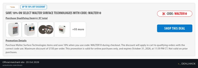 Screenshot of Acme Tools's website on Oct 20, 2026 showing the "Save 10% on Walter Surface Technologies Items" offer