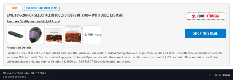 Screenshot of Acme Tools's website on Oct 20, 2026 showing the "Save Up to 20% on Select Klein Tools" offer