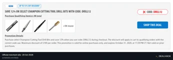 Screenshot of Acme Tools's website on Oct 20, 2026 showing the "Save 12% on Select Champion Drill Bits" offer