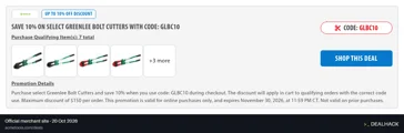 Screenshot of Acme Tools's website on Oct 20, 2026 showing the "Save 10% on Select Greenlee Bolt Cutters" offer