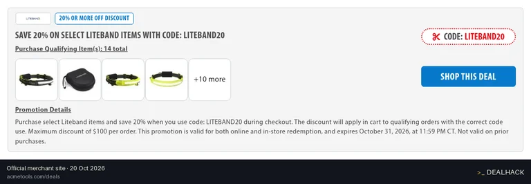 Screenshot of Acme Tools's website on Oct 20, 2026 showing the "Save 20% on Select Liteband Items" offer
