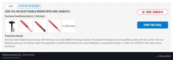 Screenshot of Acme Tools's website on Oct 20, 2026 showing the "Save 10% on Select Diablo Items" offer