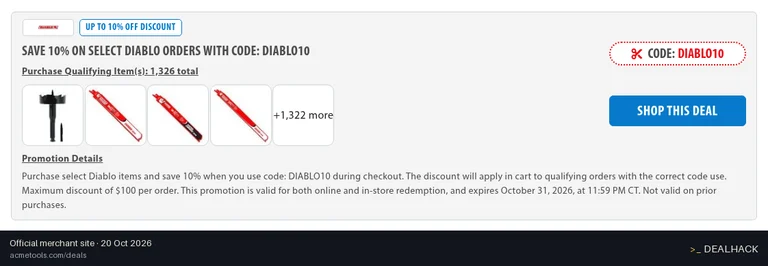 Screenshot of Acme Tools's website on Oct 20, 2026 showing the "Save 10% on Select Diablo Items" offer