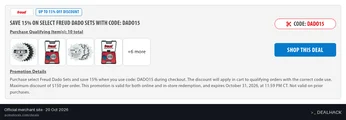 Screenshot of Acme Tools's website on Oct 20, 2026 showing the "15% Off Freud Dado Sets at Acme Tools" offer