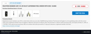 Screenshot of Acme Tools's website on Oct 22, 2026 showing the "Save 10% on Select Leatherman Tools for Members" offer