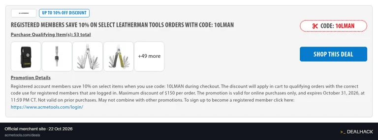 Screenshot of Acme Tools's website on Oct 22, 2026 showing the "Save 10% on Select Leatherman Tools for Members" offer