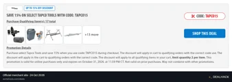 Screenshot of Acme Tools's website on Oct 24, 2026 showing the "Save 15% on Select Tapco Tools" offer