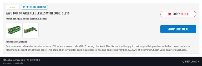 Screenshot of Acme Tools's website on Oct 20, 2026 showing the "Save 10% on Select Greenlee Levels" offer