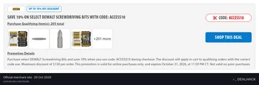 Screenshot of Acme Tools's website on Oct 20, 2026 showing the "Save 10% on Select DEWALT Screwdriving Bits" offer