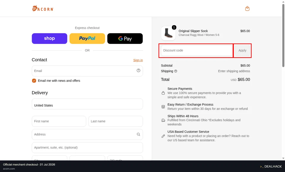 Acorn checkout page showing the Discount code field and Apply button