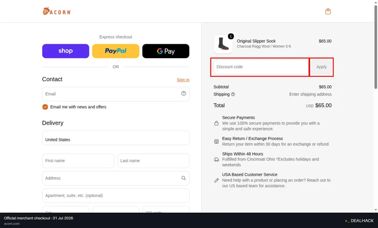 Acorn checkout page showing the Discount code field and Apply button