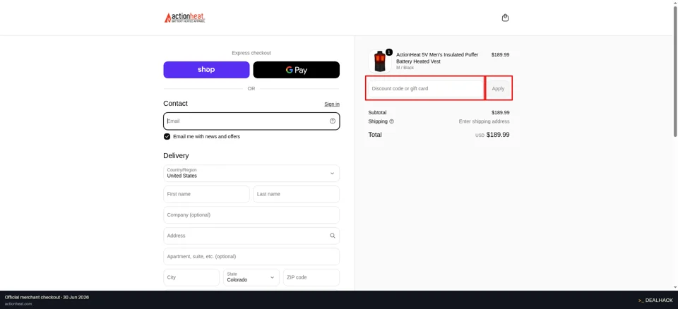 ActionHeat checkout page showing the Discount code or gift card field and Apply button