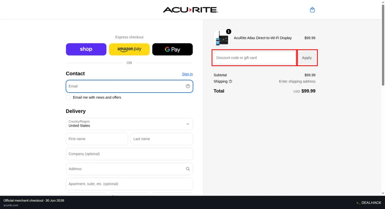 AcuRite checkout page showing the Discount code or gift card field and Apply button